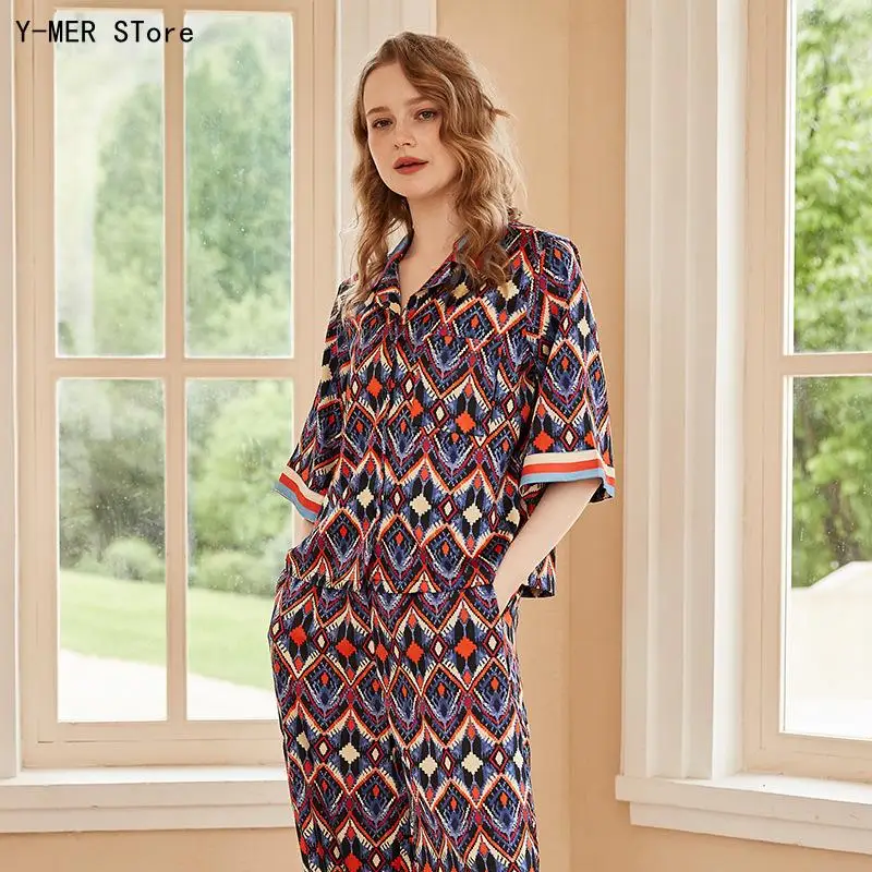 Bohemian Printed Female Pajamas Set Loungewear Retro Short Sleeve Trouser Pijamas Suit Womens Matching Set Loose Homewear Pyjama