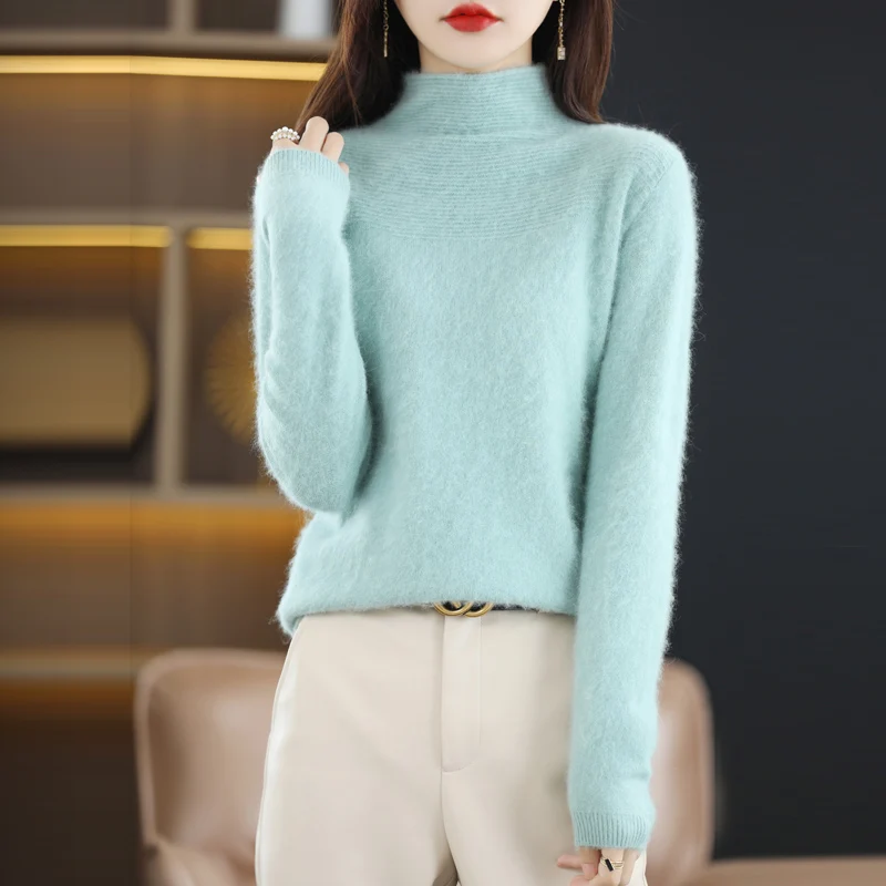 Autumn and Winter New Women\'s 100% Mink Cashmere Sweater High Neck Knitted Pullover Casual Loose Large Basic Fashion Top