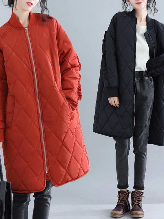 

plus Size Women's Winter Cotton Jaet Thiened Medium Length Diamond Patterned Casual Coat for Plump MM Commute Sle