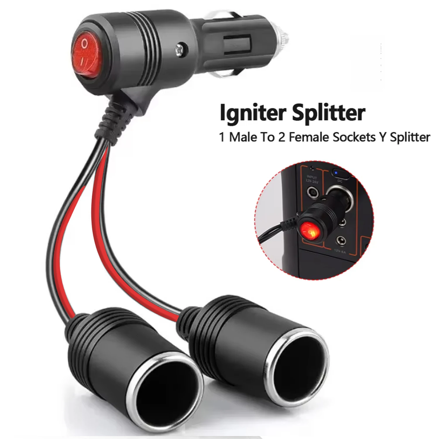 New Hot Sale 20cm with On Off Switch Universal Car Cigarette Lighter Splitter Adapter 1 Male To 2 Female Sockets Y Splitter