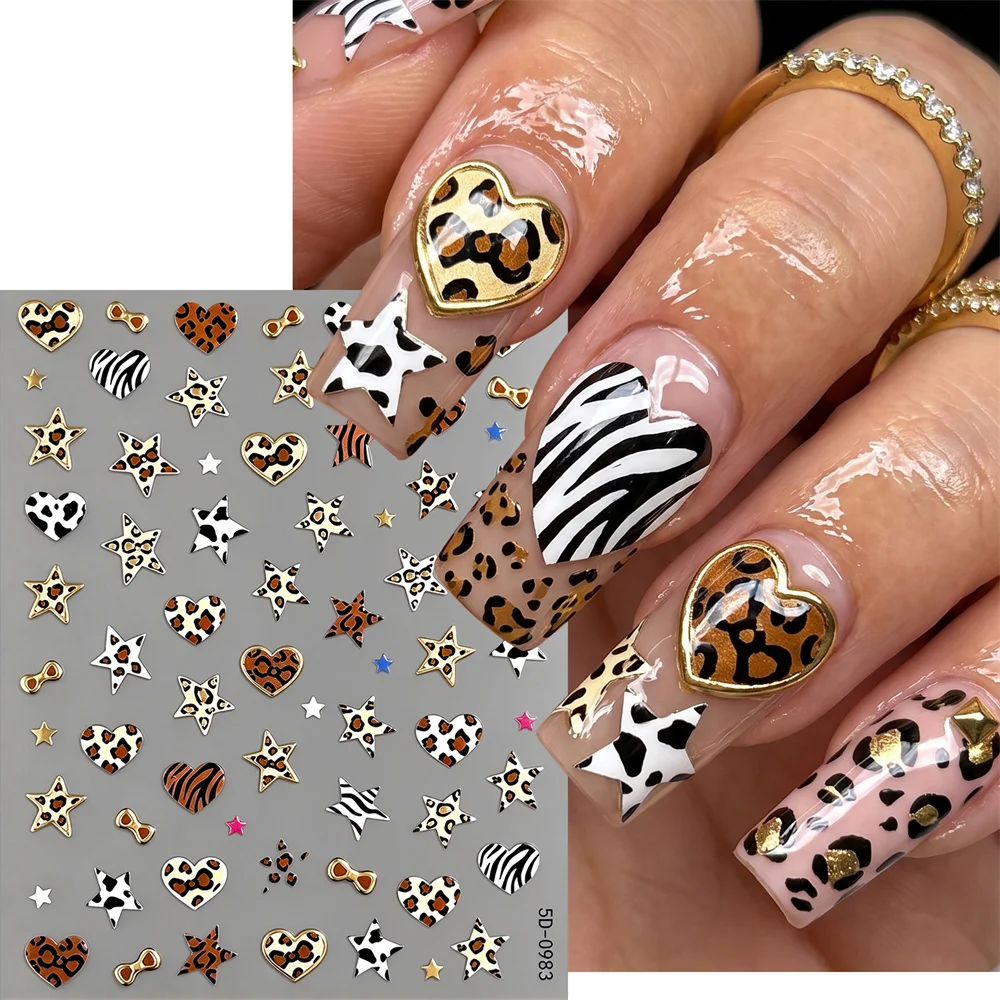 1Pc Bold Statement Nail Stickers Scratch Resistant Mixed Safari Print Heart Star for Music Festival Event DIY Manicure Decor Set