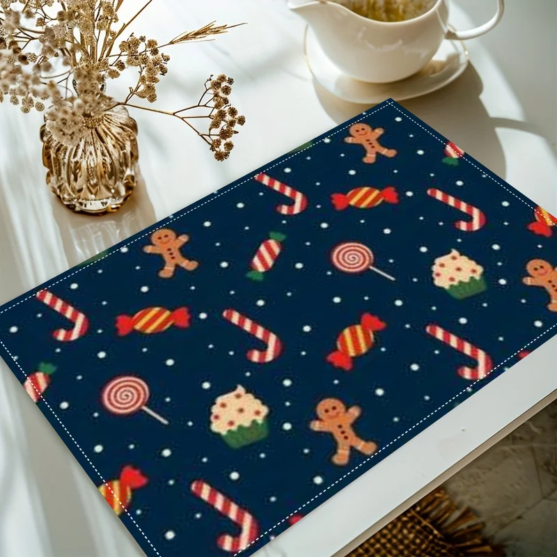 4pcs Christmas Placemat Set Featuring Gingerbread, Candy Cane, and Winter-themed Designs, Perfect for Family Gatherings