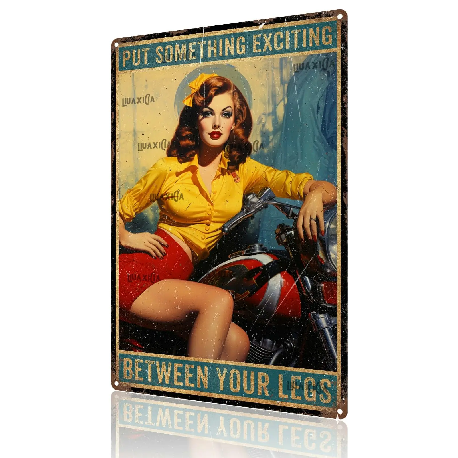 Retro Art Tin Sign Motorcycle Pinup Girl Put Something Exciting Metal Tin Signs Reproduction Vintage Wall Decor Retro Art Tin Si