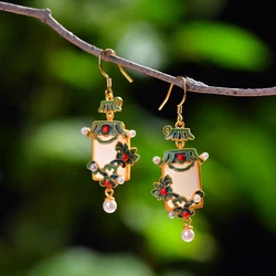 Natural Hetian jade enamel porcelain pearl earrings for women Chinese style classical cheongsam accessories silver jewelry