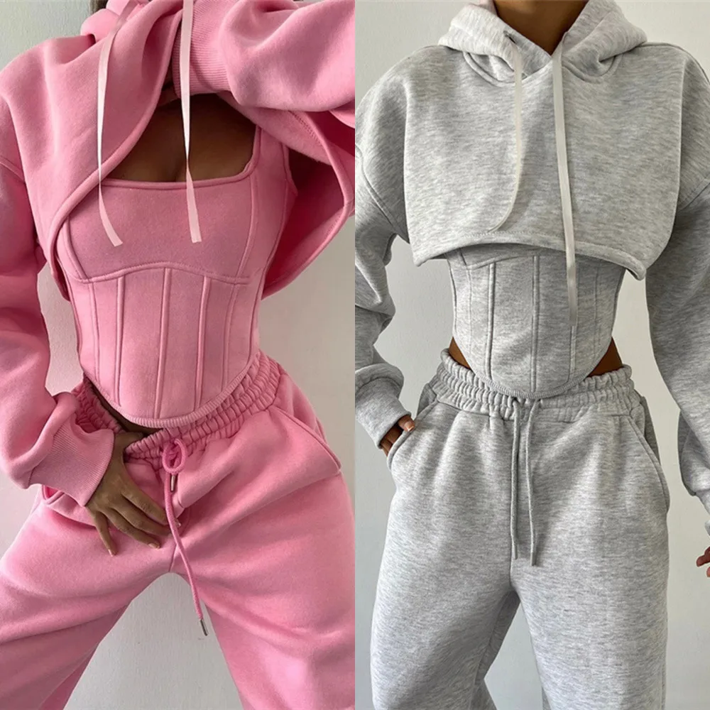 Y2K Corset Hoodies Pants Sets 3pc Sexy Strap Crop Tops Patchwork Fishbone Bandage Corsets Casual Jogger Elastic Waist Pants Suit