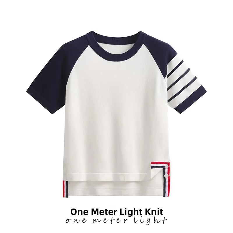T-shirt ort Sve tricoté en soie glacée fine pour femmes, rond, rayé, couleur Blo College Sle, coupe ample, longueur régulière, été