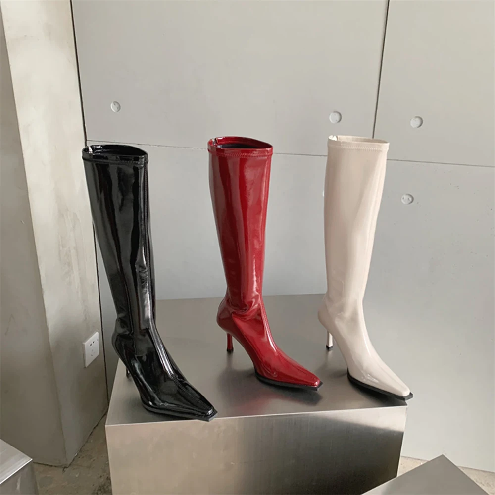 Patent Leather Women Knee High Boots Pointed Toe Knight Botas Thin High Heels Back Zipper Black Red Beige Soft Party Winter Bota