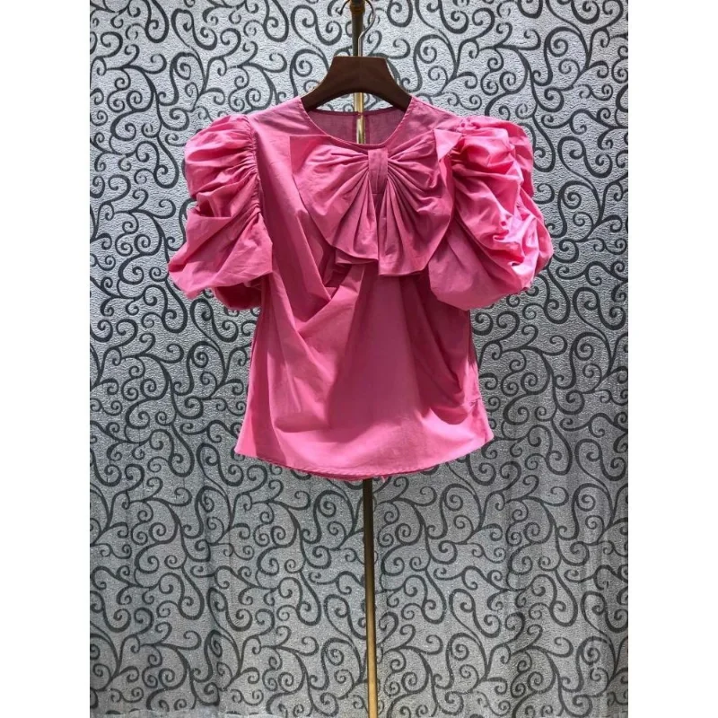 Neploe French Bowknot Round Neck Puff Sleeve Shirts Femme 2024 Summer Chic  Blusas Solid Color Wrinkle Sweet Gentle Blouses