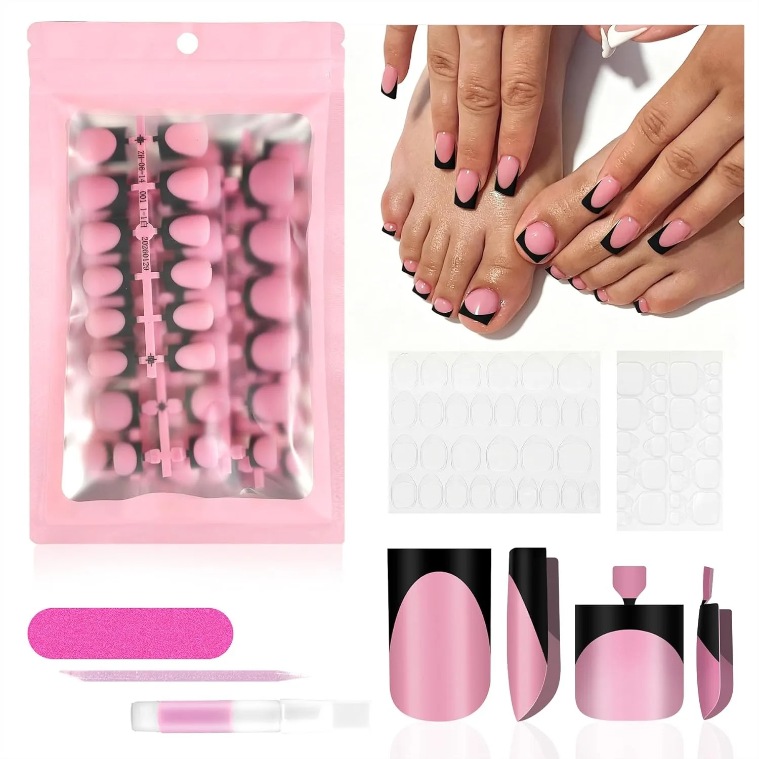 

60Pcs Black French Tip Press on Nails & Toenails Set, Square Fake Nails Kit with Glue, 15 Sizes Acrylic Full Cover Stick on