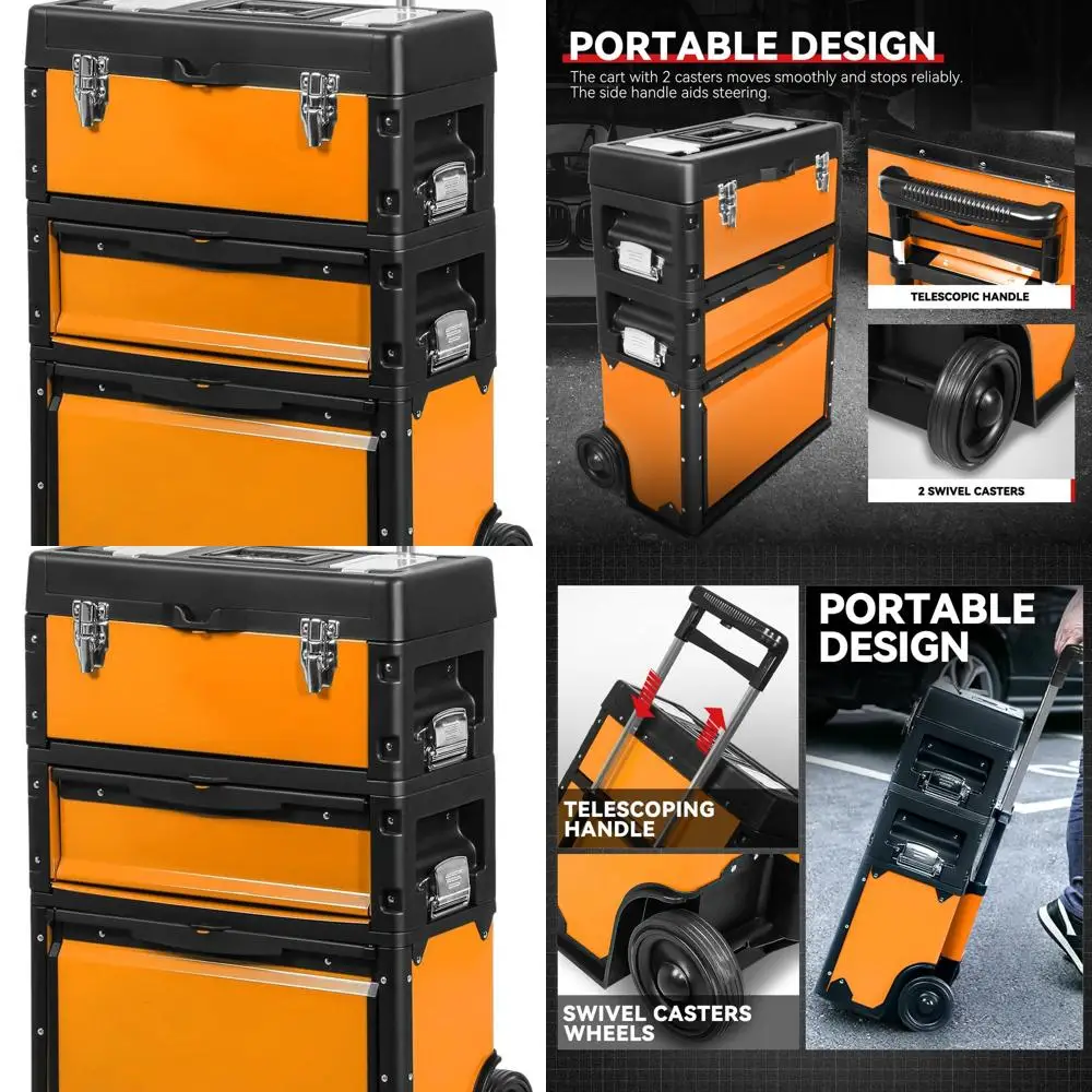 

3-Tier Rolling Tool Chest with Wheels, Portable Storage Organizer for Garage and Workshop, Orange