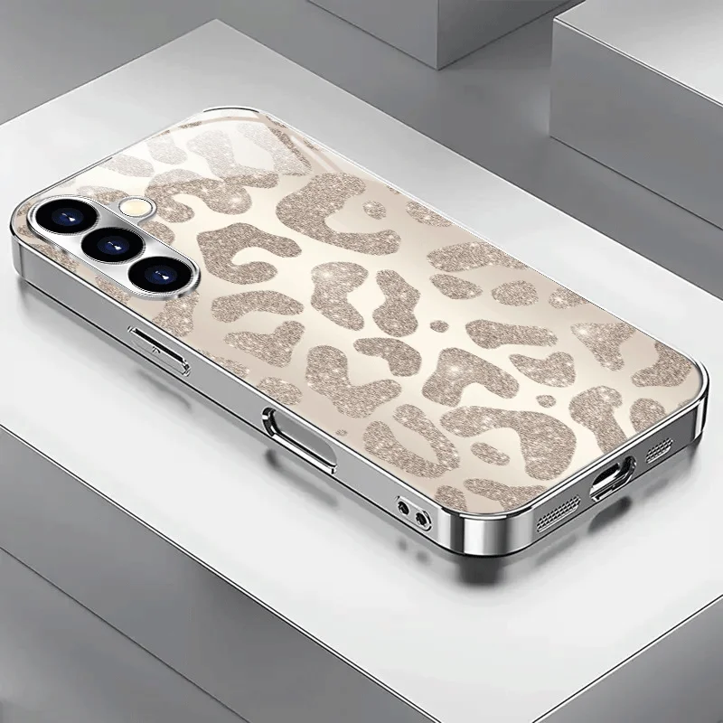 Flash Brown Leopard Print Trendy Pattern Electroplated Silver Glass Phone Case for Samsung Galaxy S26/S25/S24/S23/S22/S21/S20