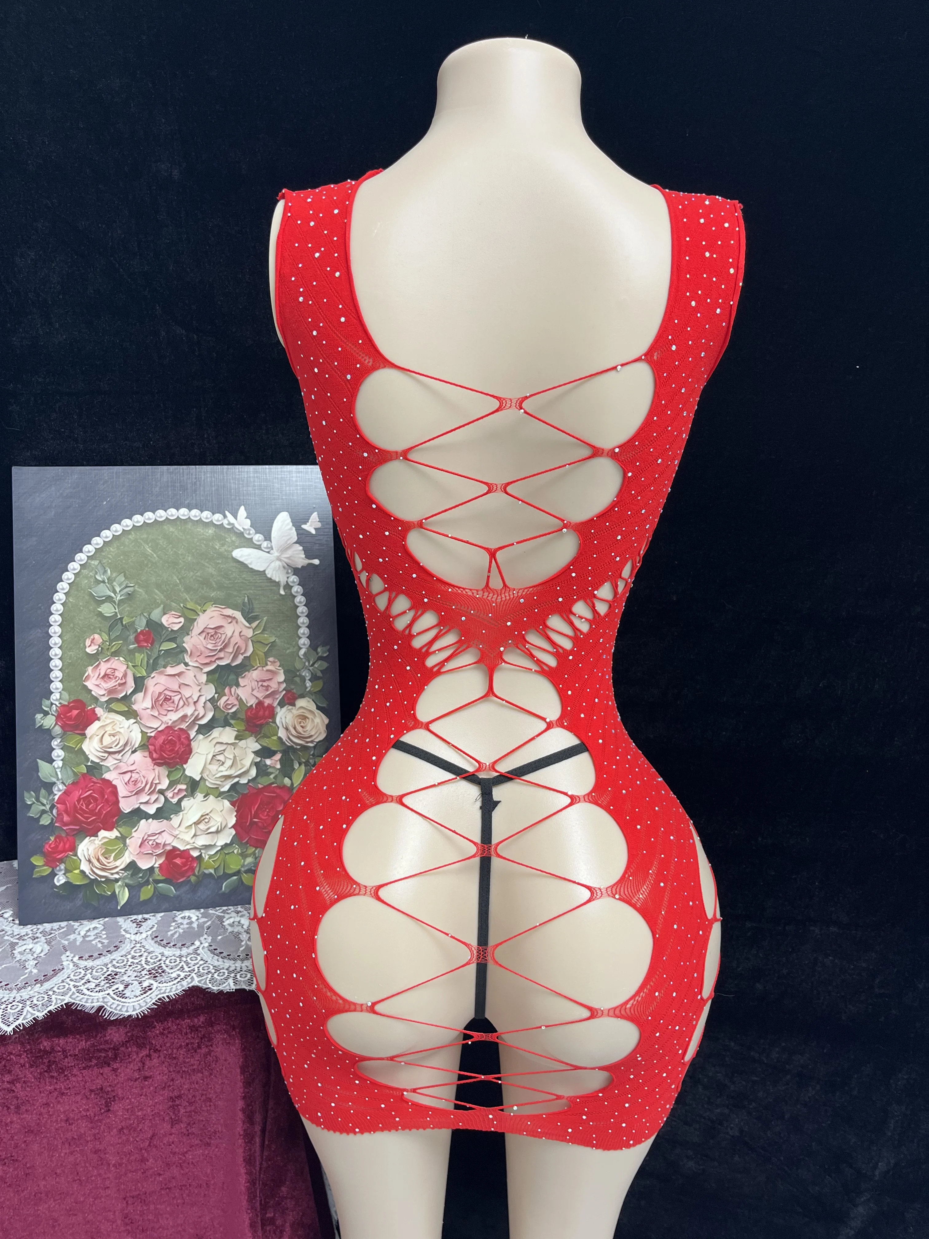 Erotic underwear, sexy cut-out erotic net clothes, nightclub hot diamond starry sky see-through body-hugging skirt