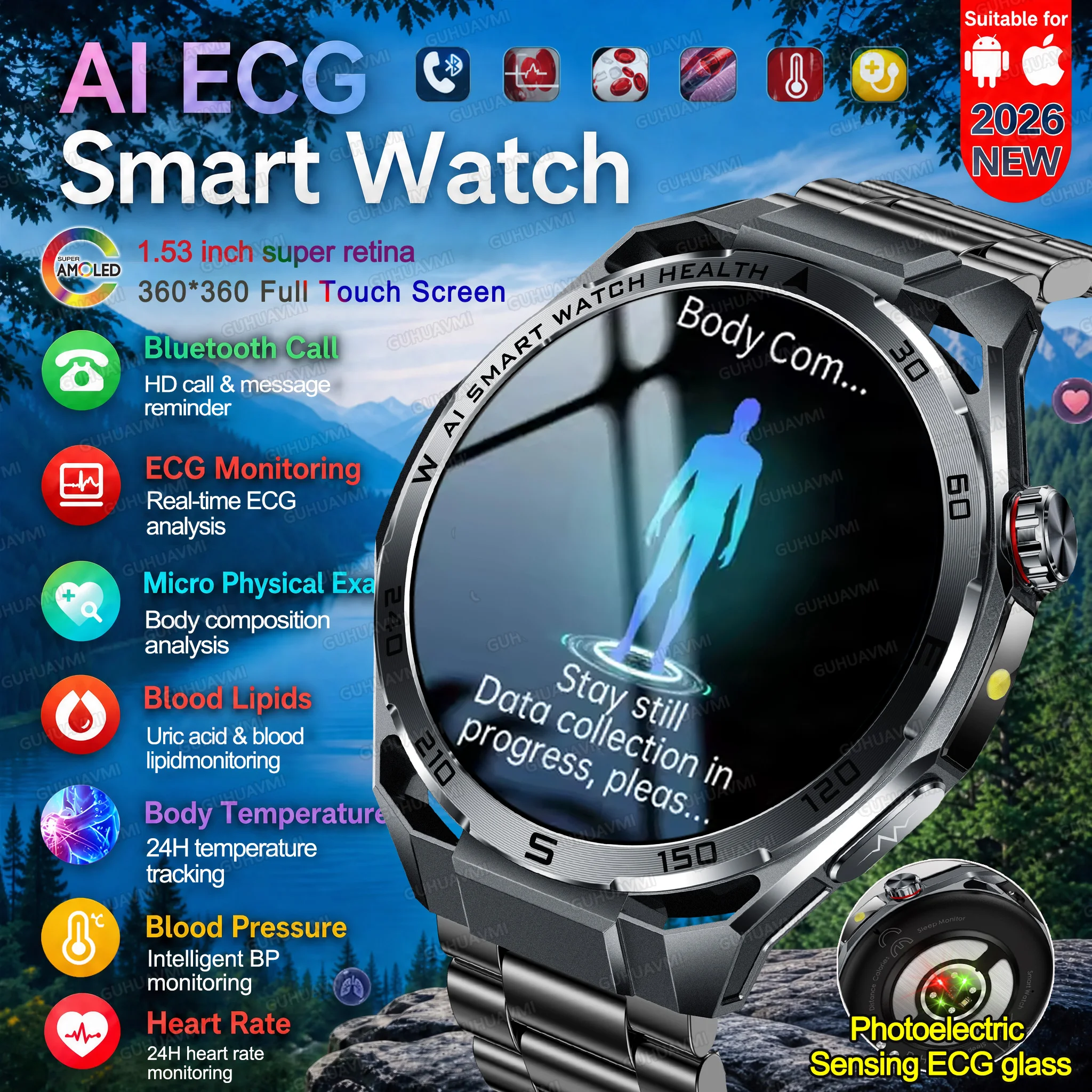 2026New Technology  AI ECG Smart Watch Men Bluetooth Call Heart Rate Blood Pressure Lipids Uric Acid Smart Watch For Android iOS