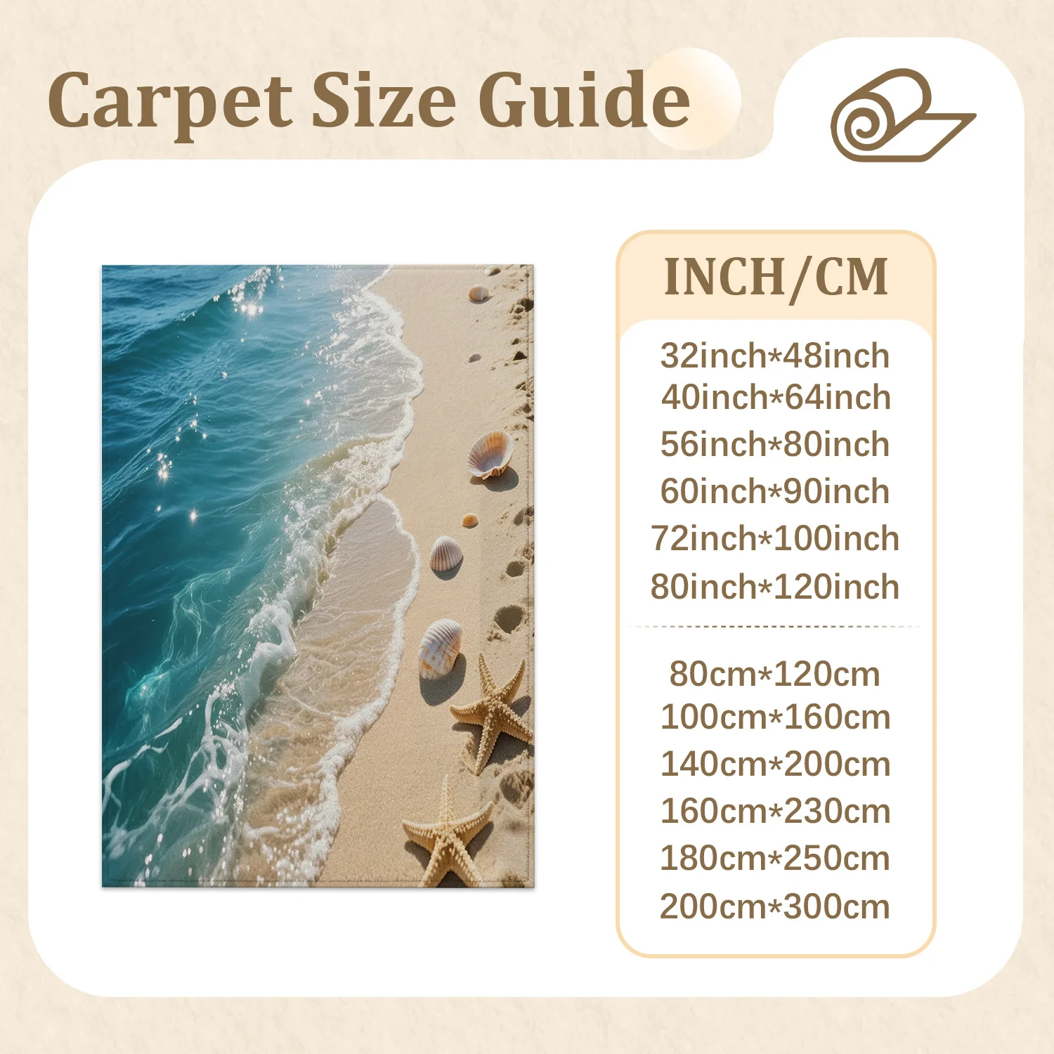 Large Indoor Area Rug, Soft Velvet Low Pile with Non-slip Dotted Backing, Machine Washable Coastal Ocean Beach Scene Rug Featuring Seashell & Wave Pattern for Living Room, Bedroom, Family Room Home Floor Decor