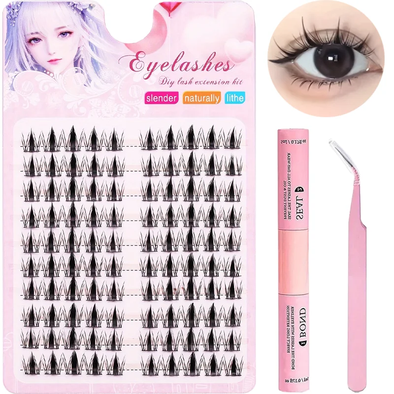 10 rows of exquisite black anime eyelash kit, with adhesive and sealant, natural, dynamic, DIY length 10-13mm