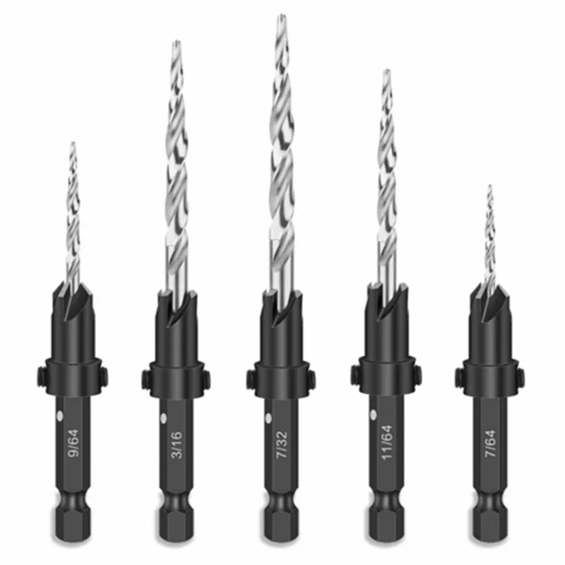 Set Of 5, Countersink Set, Countersink HSS Conical Countersink With 1 Hex Wrench, Woodworking Countersink Bit, 7/64\