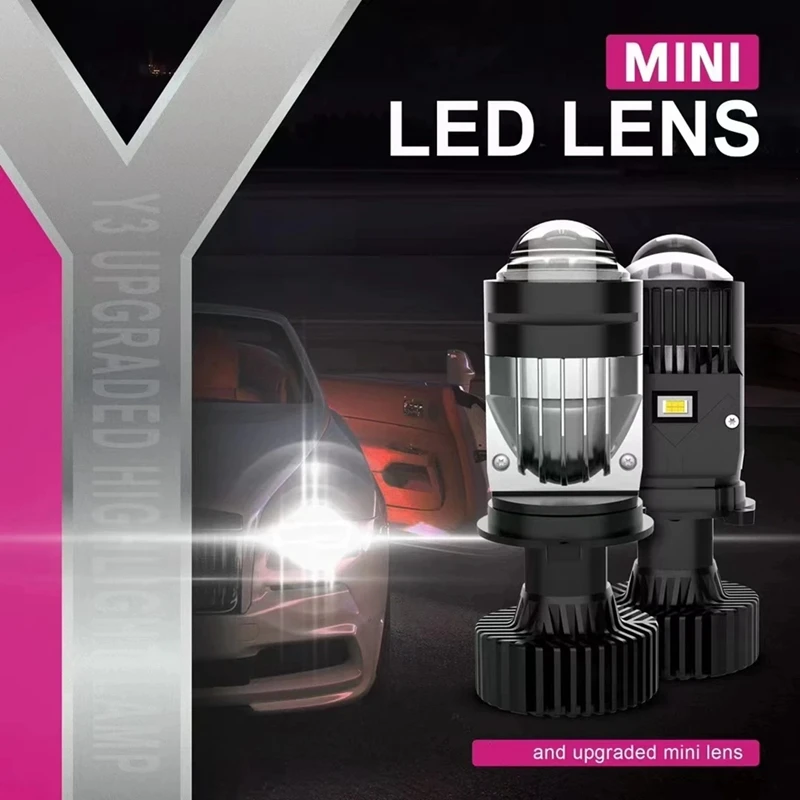 ABAE-H4 LED ไฟหน้าโปรเจคเตอร์หลอดไฟ Dual LED เลนส์มินิโปรเจคเตอร์เลเซอร์ Y3 Tri-Color High/LOW Beam 55W พัดลมเทอร์โบ