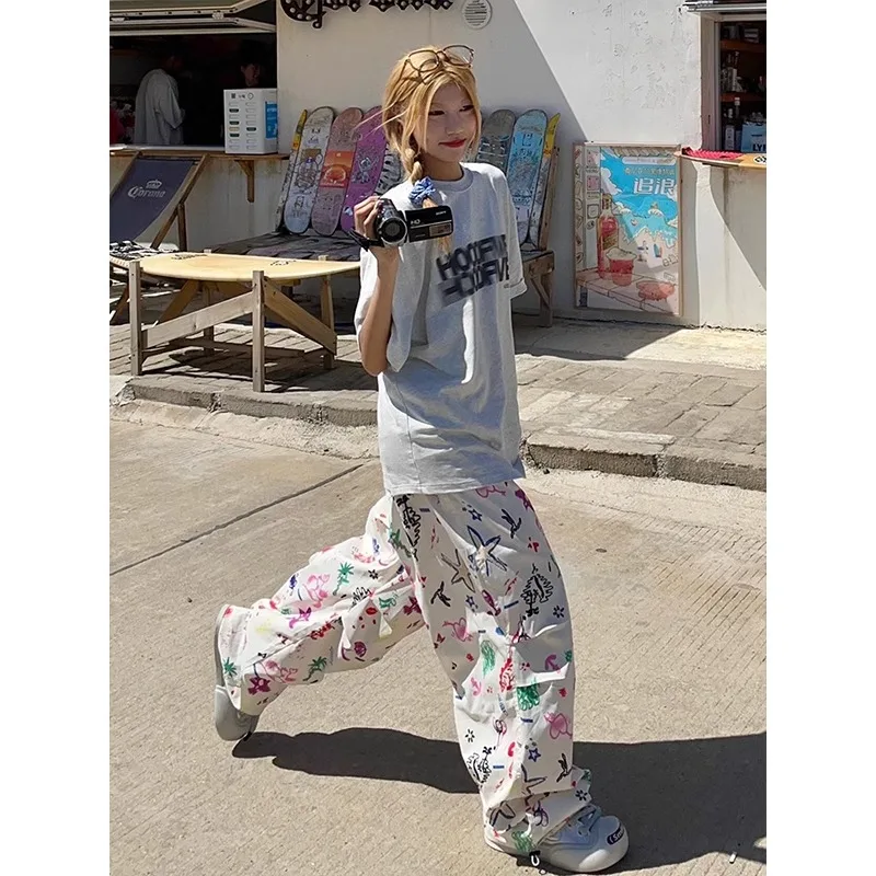 

American Style 2000s Vintage Colorful Graffiti Cargo Pants Loose Fit Design Sensibility Draped Bell Bottoms Trendy Women Pants