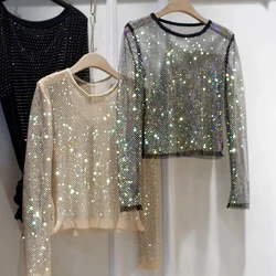 New Ladies Temperament strass girocollo manica lunga Bright Summer Starlight Hollow Shiny Bottoming Shirt donna Top Trend