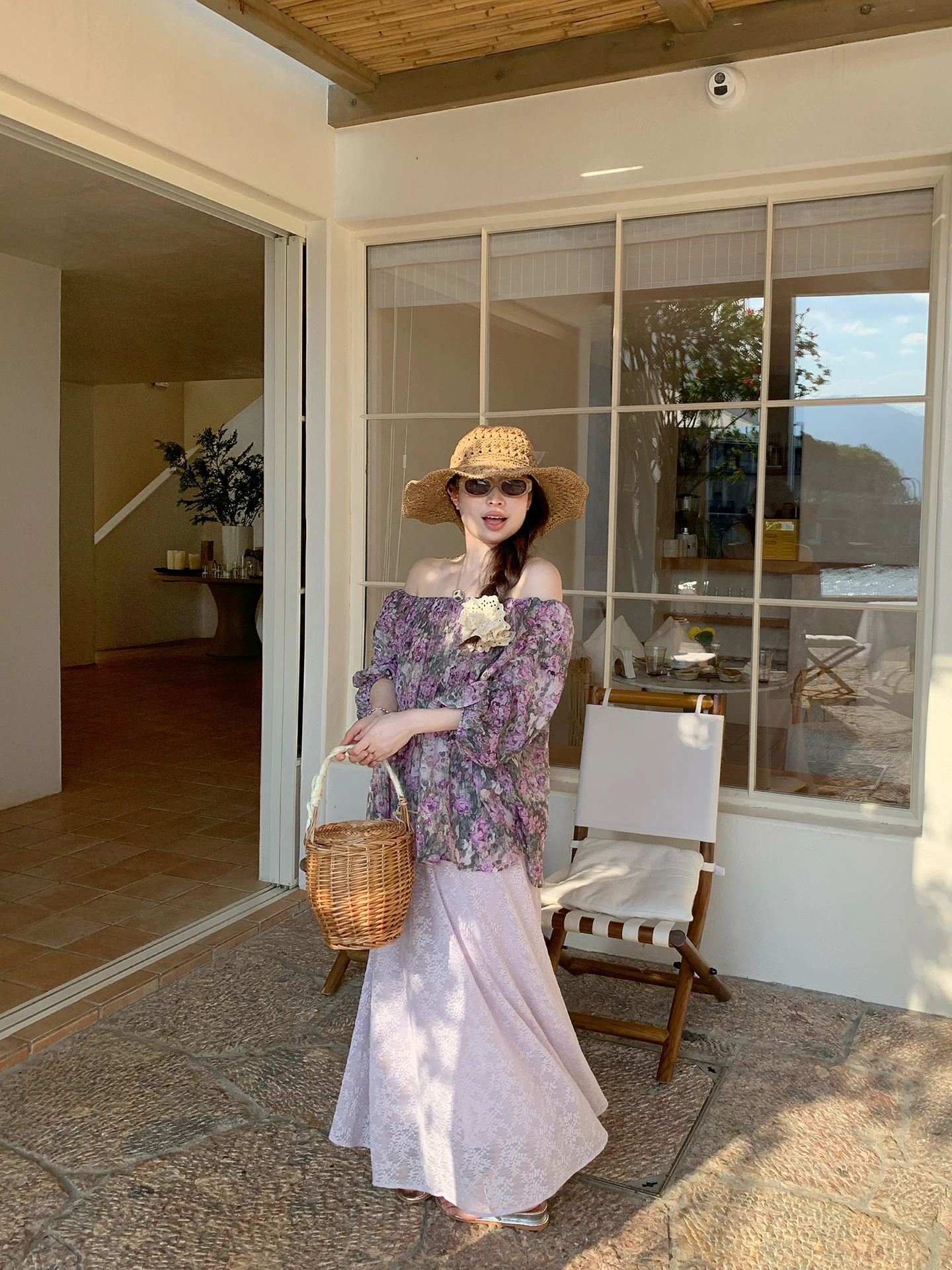 

Monet Girl Summer Floral ort Sve Bared oulder One-oulder Top Women's Loose Fit French Sle Casual irt