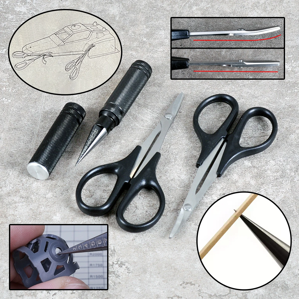 Herramientas para modelismo a escala RC: Desbarbador de orificios, cortador de carrocerías Lexan, tijeras para carrocerías de PC, para recortar y cortar carrocerías de coches.