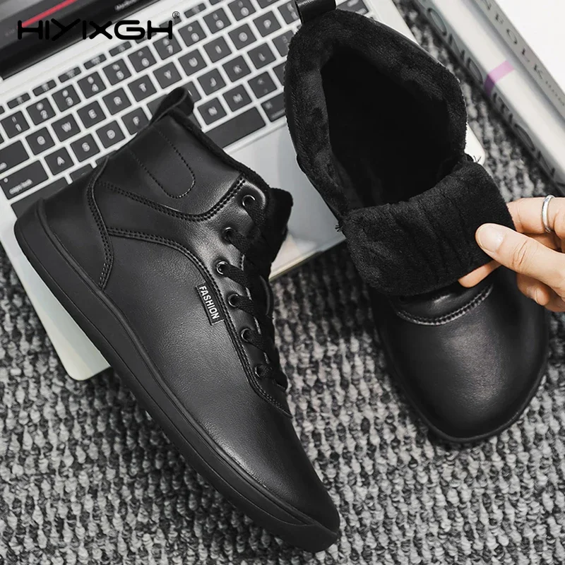 

Couple Winter Shoes Plush Warm Snow Boots Quality Leather High-top Boots Lace Up Ankle Booties Wide Footed Barefoot Cotton Shoes