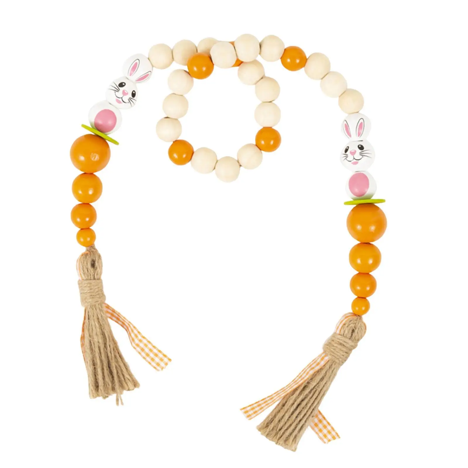 Rustic Spring Wood Bead Garland with Tassels Easter Bunny Carrot Style Wall Hanging Pendant for Farmhouse Country Holiday Party