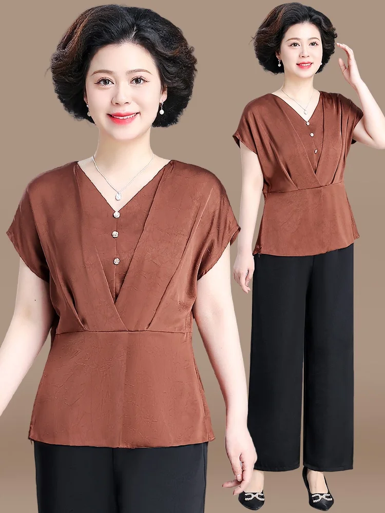 

Элегантный летний комплект одежды для женщин среднего и пожилого возраста: модный свободный костюм-двойка с коротким рукавом из полиэстера