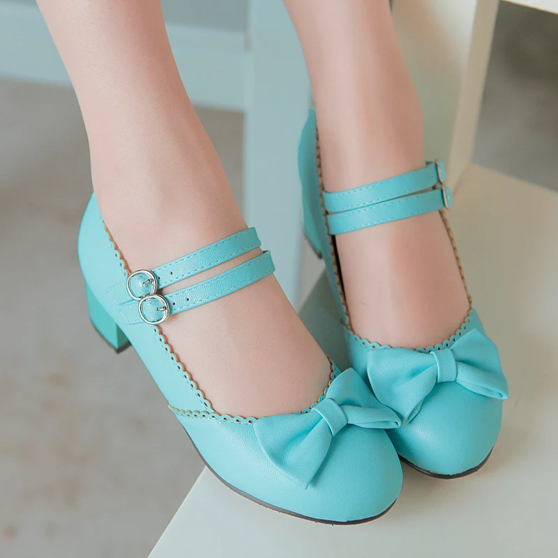 EDEELVEEYS Vintage Mary Janes Daily Party Ladies Shoes Lolita Bowtie Med Heels Pumps Women Plus Size 34-50 Purple Blue Pink