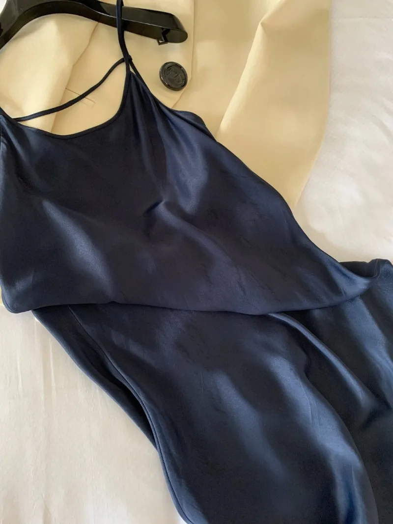 Vestido de cetim de verão importado meia-noite azul cuproamino fibra sem costas