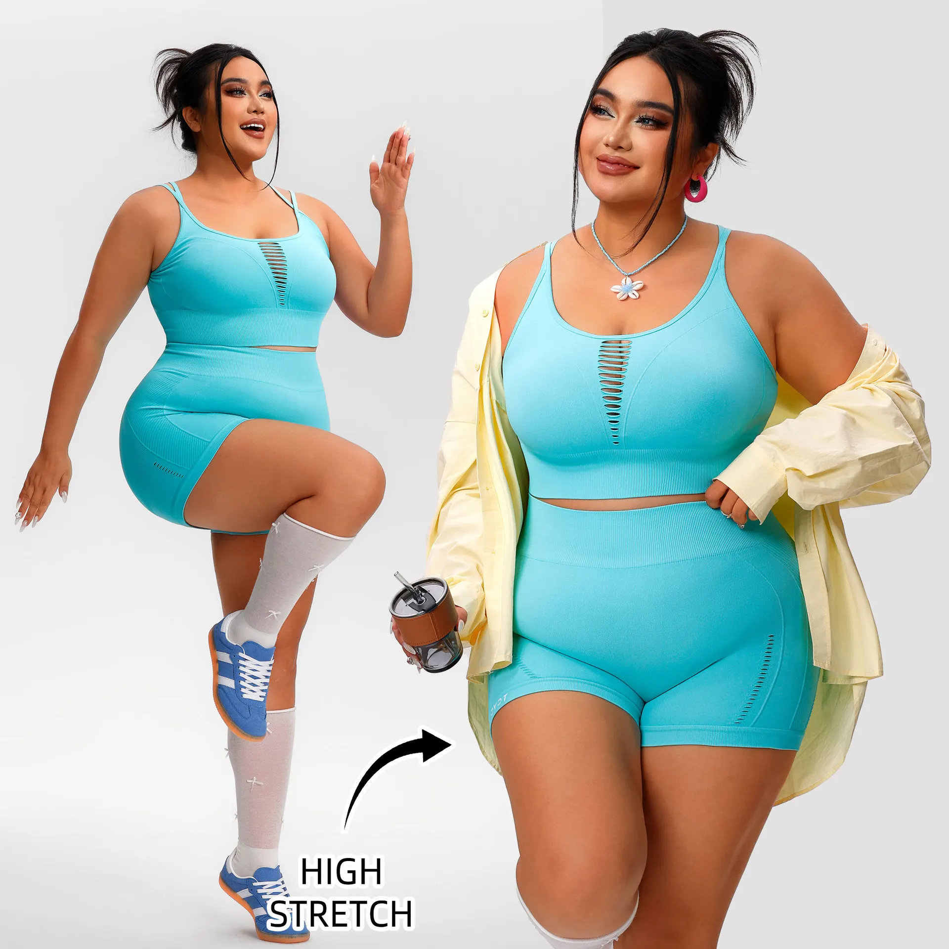 

Комплект для фитнеса и йоги больших размеров: спортивный топ, шорты, костюм для пилатеса, спортивный костюм, комплект для тренировок