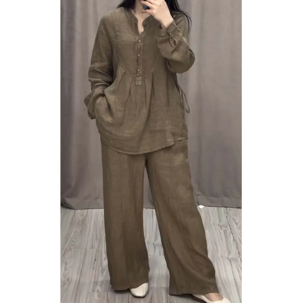 

Two Piece Set for Women Casual Long Sleeve Pocket Shirt Pleated Blouse Fashion Loose Wide-leg Pants Suit 2025 New Women Clothing