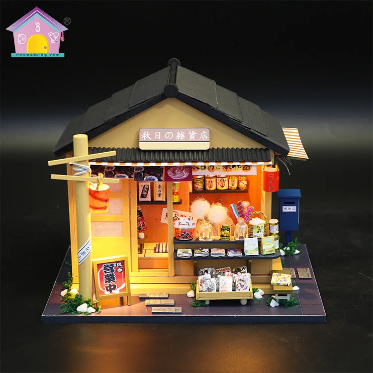 

Japanese Autumn Grocery Store Dollhouse Wooden Building Kits with Furniture Casa Doll Houses Miniatures Accessories Girls Toys