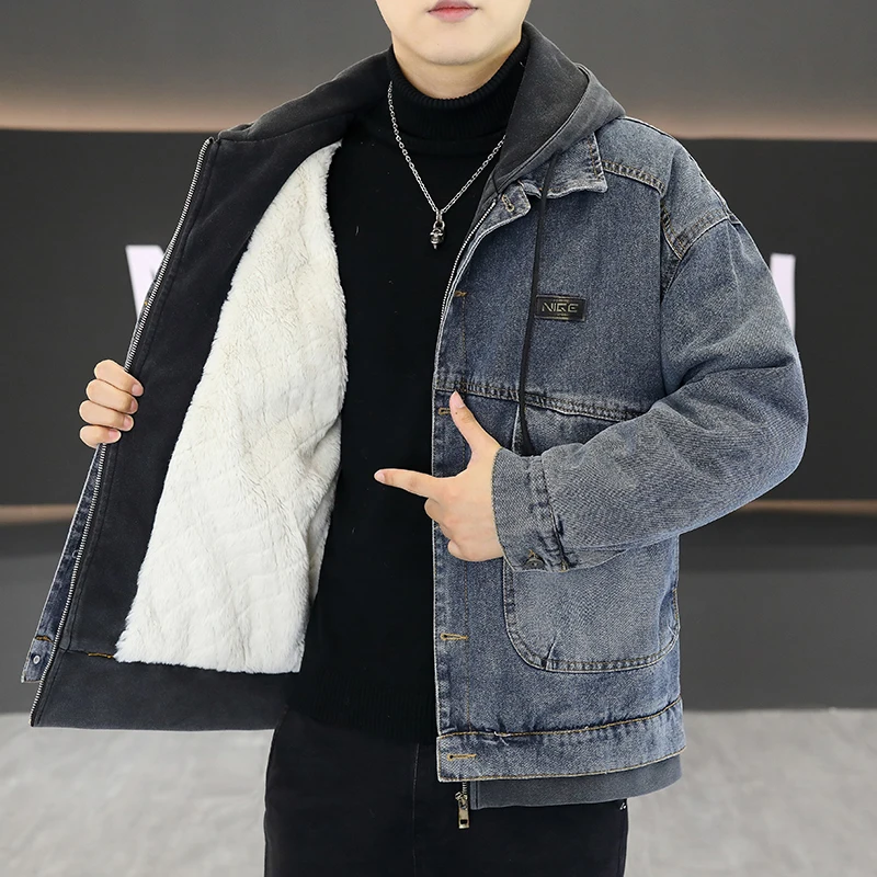 

Thick And Plush Hooded Denim Jackets Youth 2025 Autumn Winter Warm Fleece Liner Jean Coats High Street Wear Wash Cotton Clothing