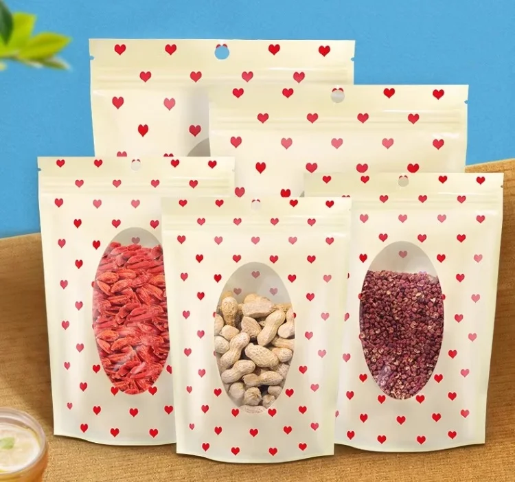 100PCS Stand-up Plastic Heart Ziplock Packaging Bag DIY Logo Matcha Coffee Cocoa Candy Sugar Dates Window Gift Storage Pouches