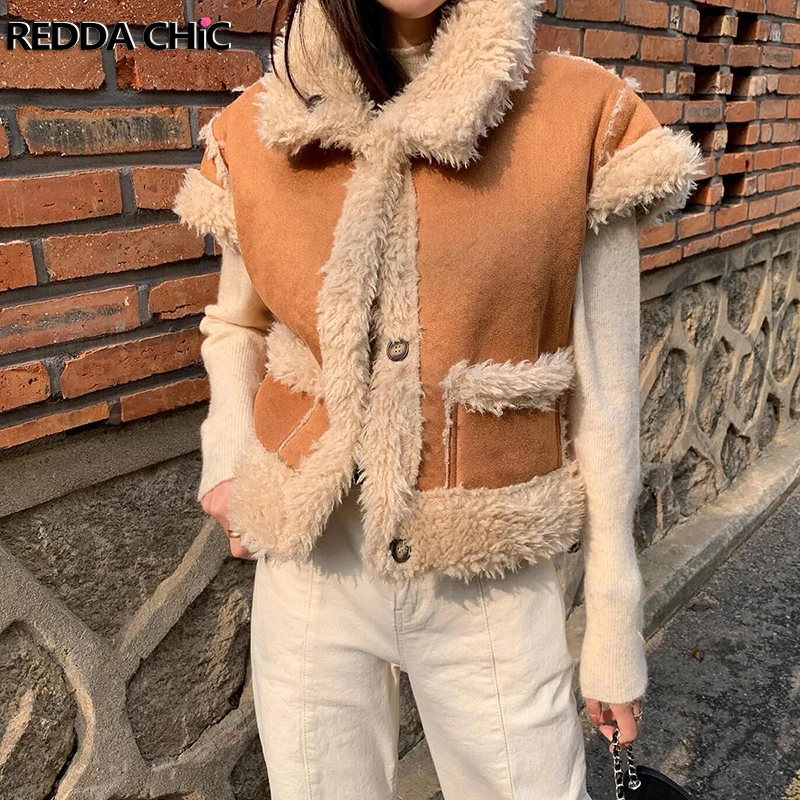 REDDACHiC Fuzzy Fleece Sleeveless Jacket Women Vintage Pockets Button Down Turtleneck Suede Leather Vest Casual Winter Outerwear