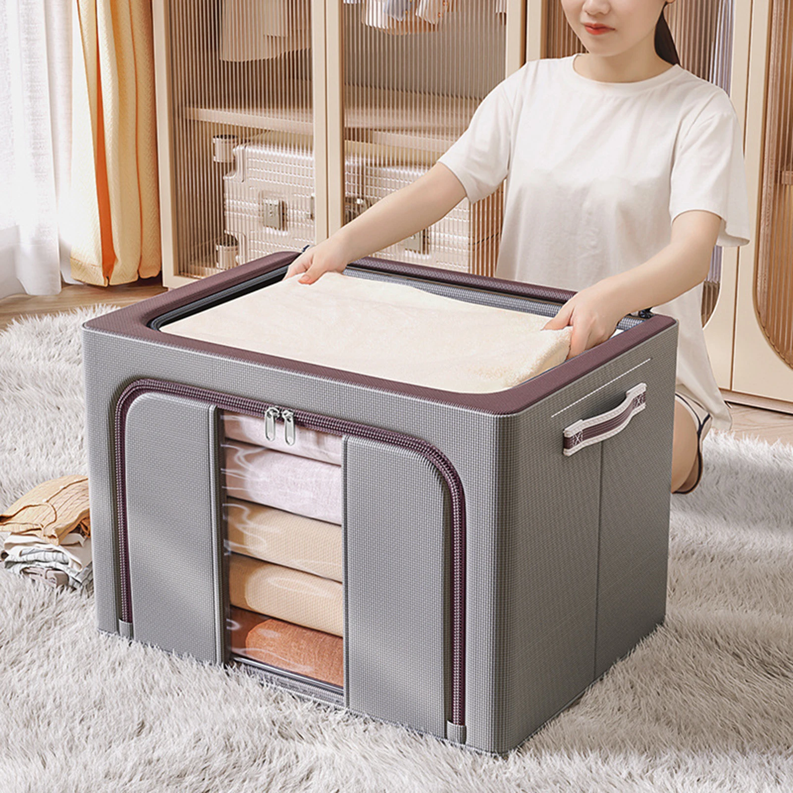 Foldable Linen Fabric Storage Box Moisture-proof Clothing Container Practical Visible Organizer Bin for Household Accessories