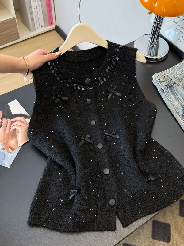 

Faionable Glitter Knot Vest Knitted Top Age-Defng Cardigan Sweater Casual Loose Fit Spring Leisure Women's Clot...