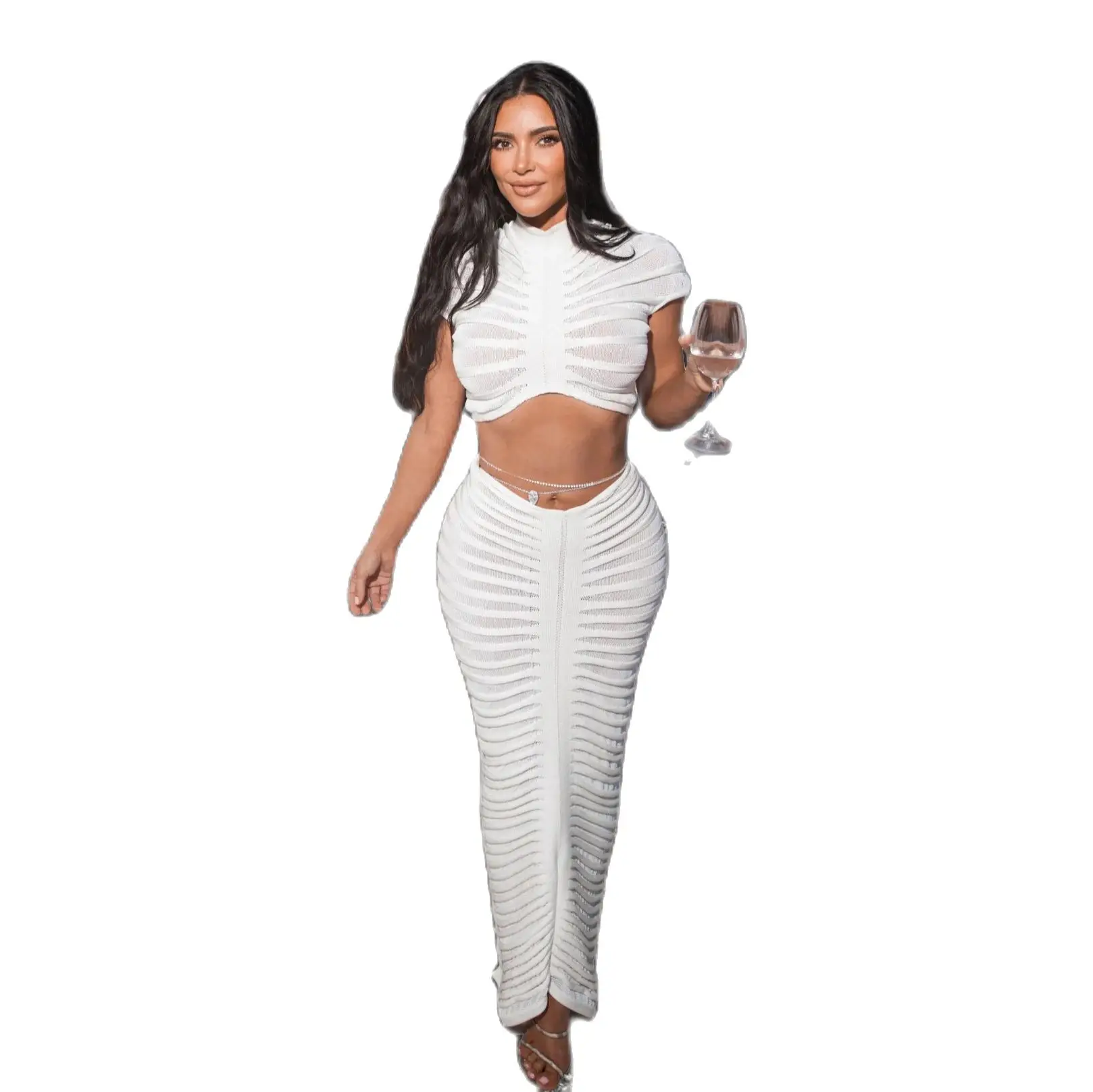 

EINYOO Knit Women Tracksuit 2 Piece Set Striped Stretch See Through Shorts Sleeve Crop Tops Maxi Skirts Streetwear Traf Zevity