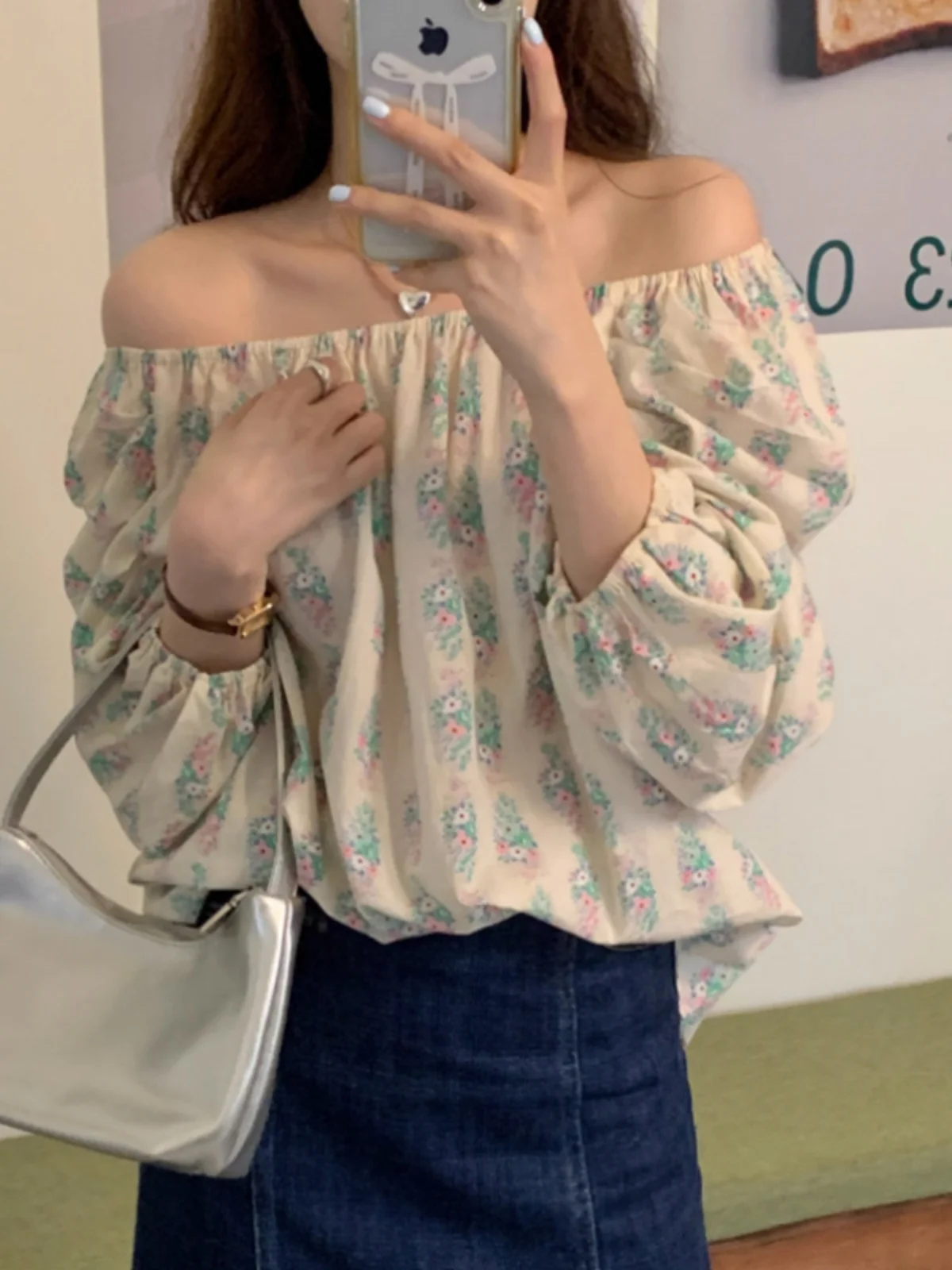 Minceur Chic une épaule lanterne Sve femmes irt exposant la clavicule Sexy été coréen Sle Floral trajet irt
