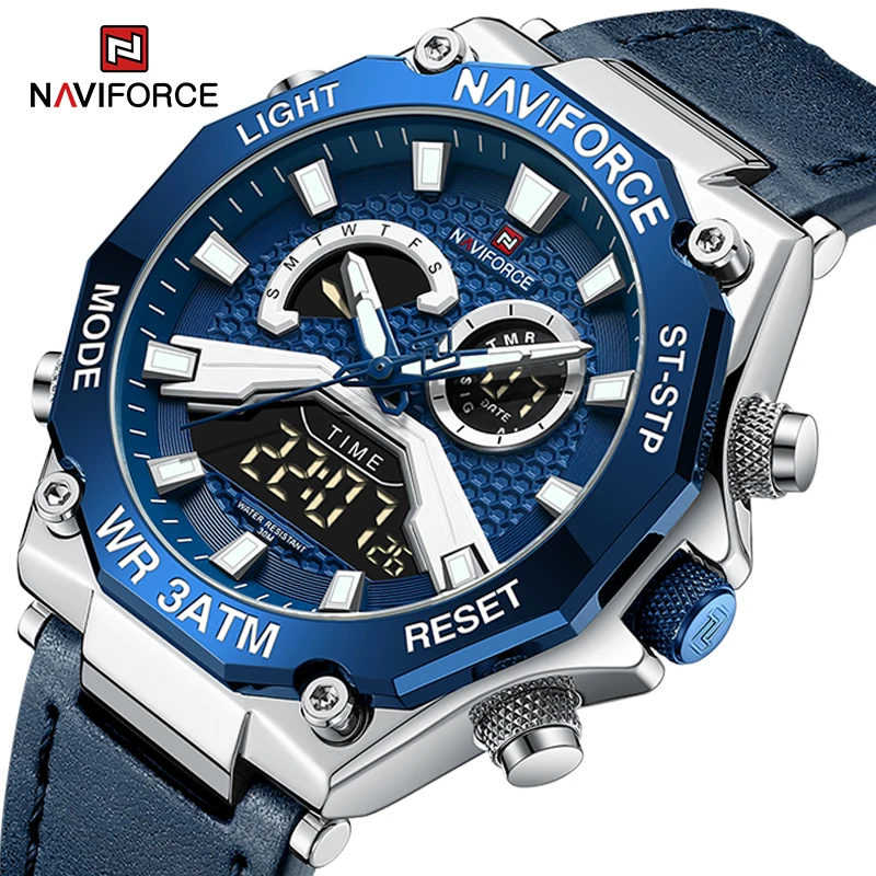 NAVIFORCE Fashion Trend Men\'s Wristwatch Casual LCD Display Analog Digital Genuine Leather Strap Watch for Man Quartz Male Clock