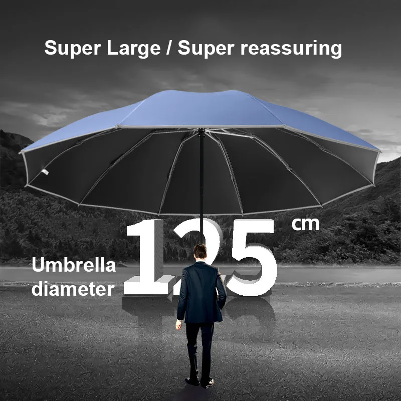 125cm Large 10 Bones 3 Folding Reverse Automatic Umbrella For Men Waterproof Rain Sunshade Big Umbrellas Safety Reflective Strip