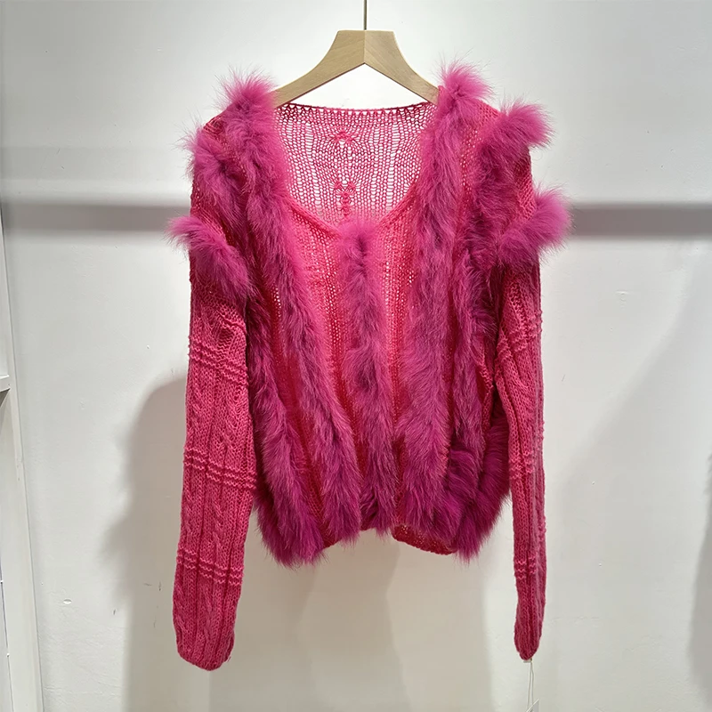Women Spring Thin Real Fox Fur Lovely Sexy Openwork Sweater‌ Lady's Autumn Cute Loose Rose Red Sweater Knitted Coat
