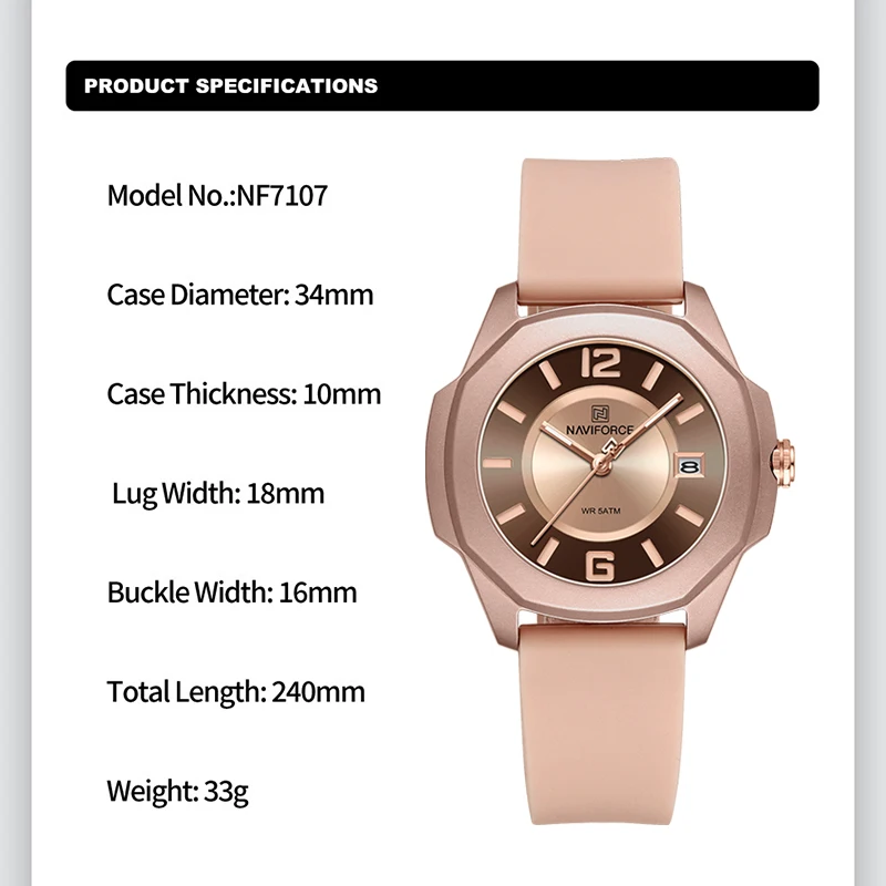 New NAVIFORCE Elegant Ladies Watch Simple Casual Quartz Calendar Watches for Women Waterproof Soft Silicone Strap Gifts for Girl