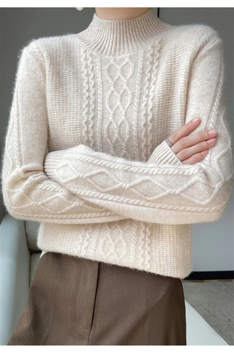 Neue Frühjahr Gestrickte Pullover Halb Hohen Kragen Lose Dicke Warme Pullover Für Frauen Vintage Wolle Herbst Winter Mutter Bodenbildung Top – Detail 15