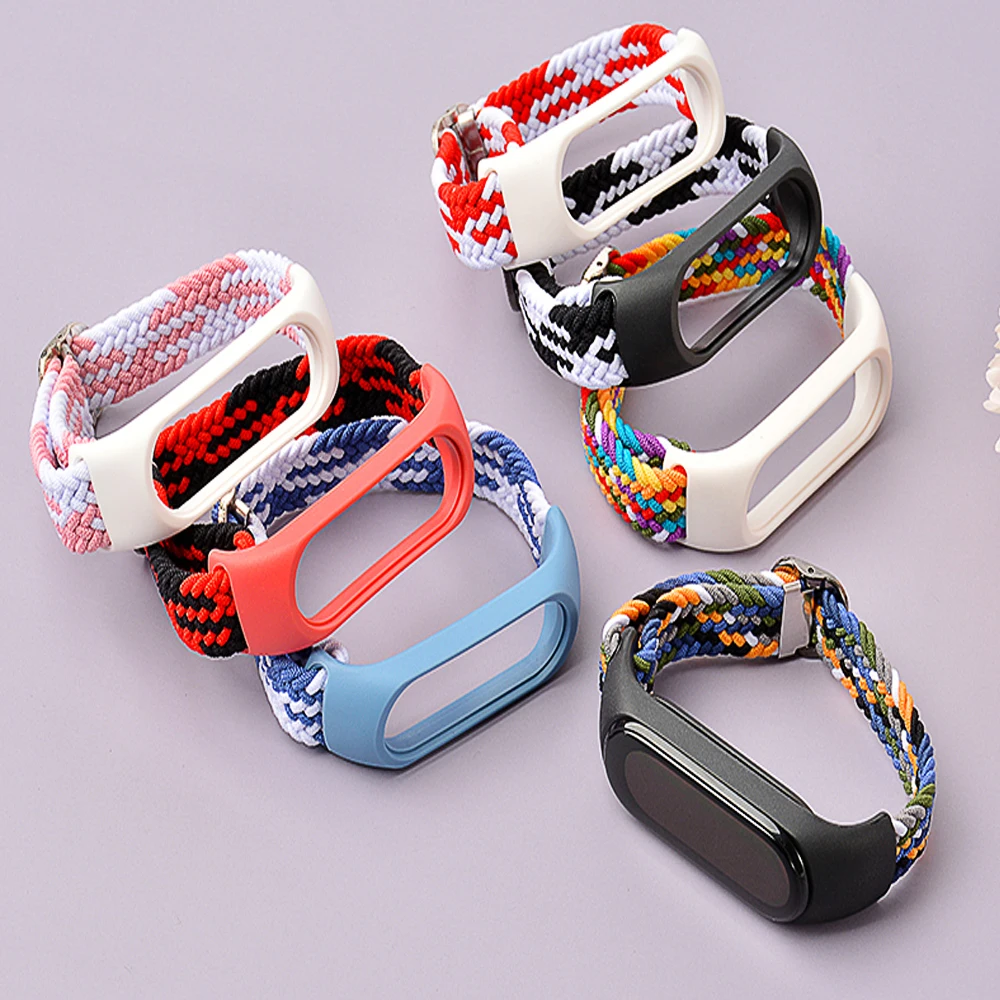 Ajustável Elástico Nylon Trançado Pulseira, Pulseira para Mi Band 6, Miband 4, Miband 5, 4, 3, 5, 7 Strap