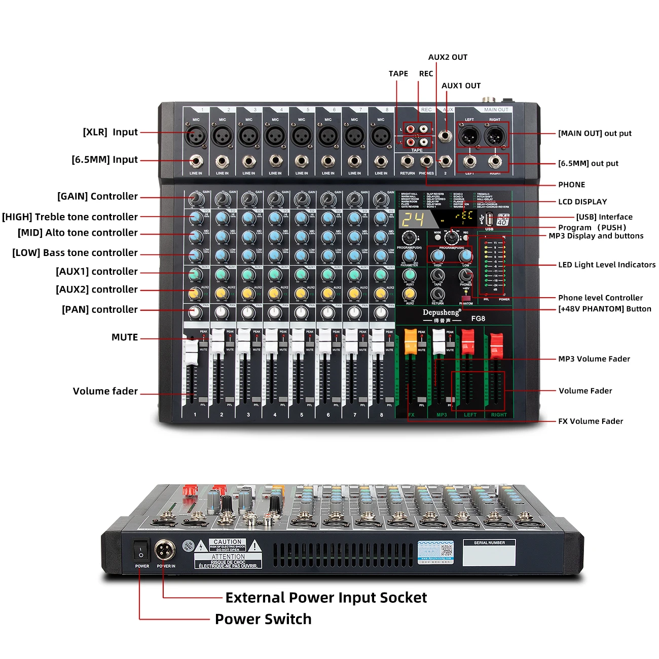 Mixer Audio deusheng FG8 8 canali DJ Mixing Console PC USB Record Bluetooth-funzione 24 effetti digitali 48V Phantom Power