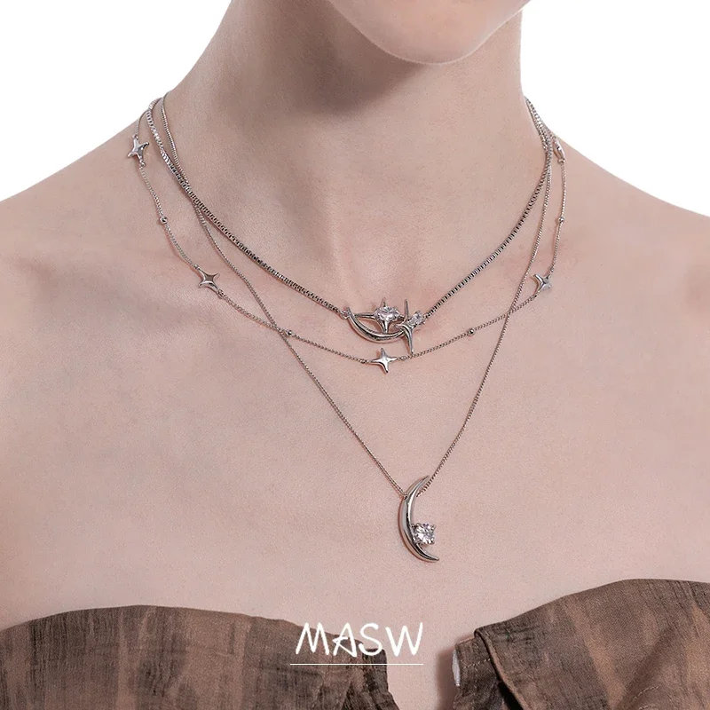 MASW Original Design Three Layer High Quality Copper Thick Silver Plated Star Moon Pendant Necklace For Women Jewelry Popular