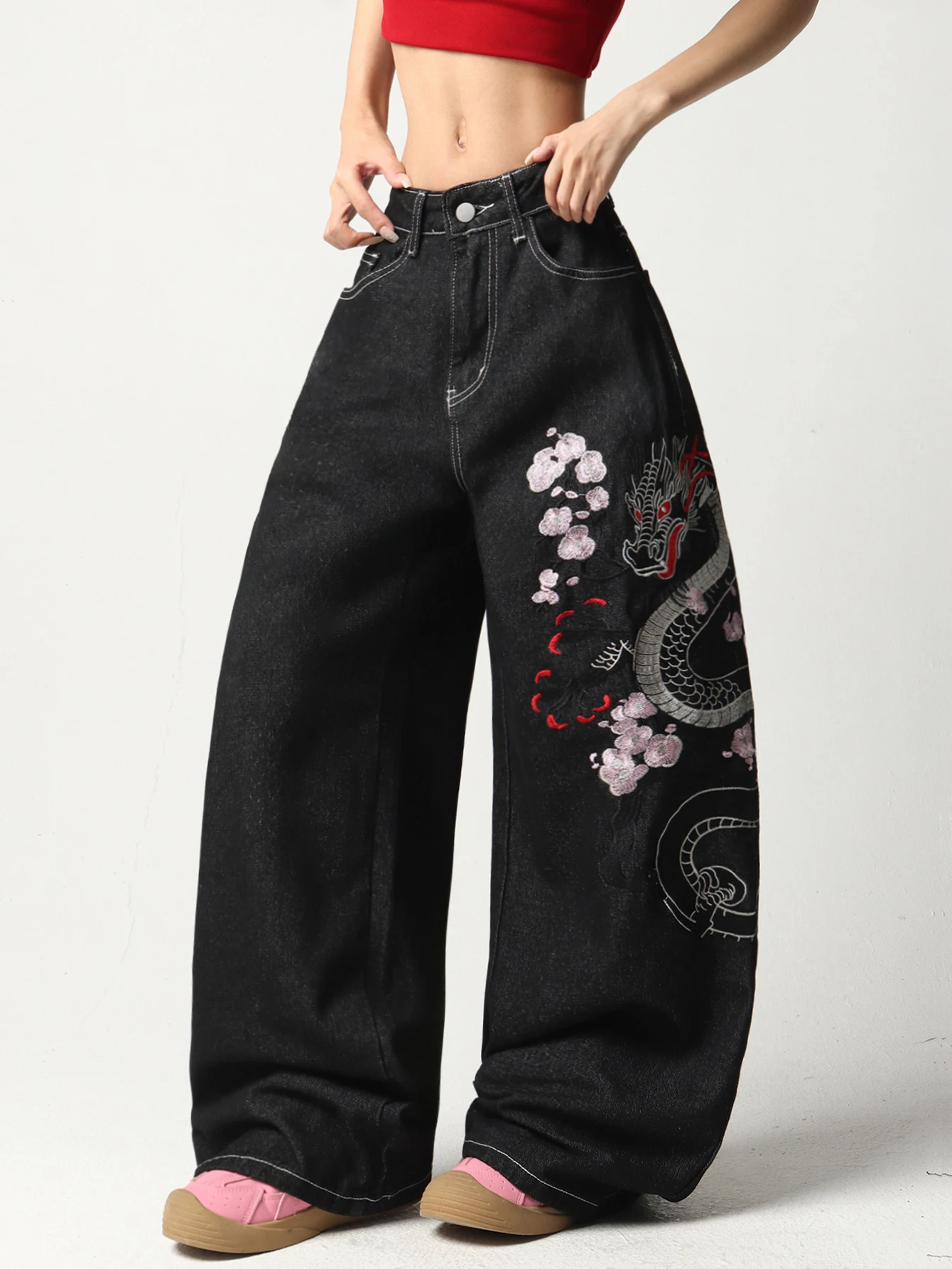 American Street Fashion Dragon Totem Embroidery Women's Pants Fashionable And Versatile Wide-Leg Black Jeans For Women