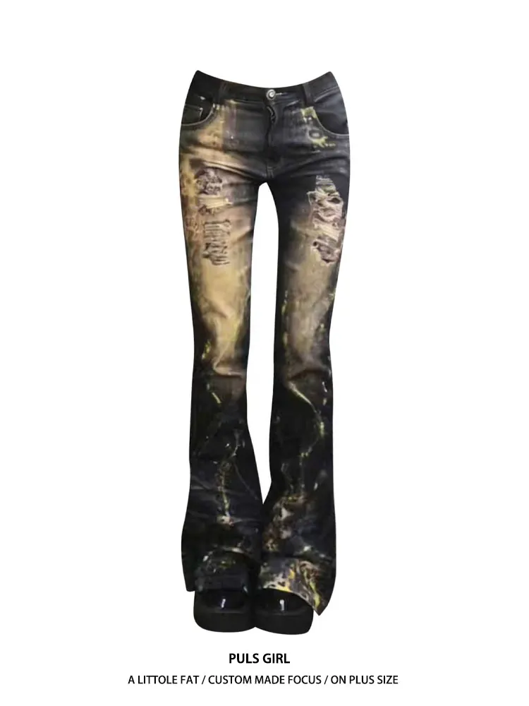 

Джинсы-клеш женские больших размеров в американском ретро-стиле с золотым принтом, новые, модные, утягивающие, длинные брюки